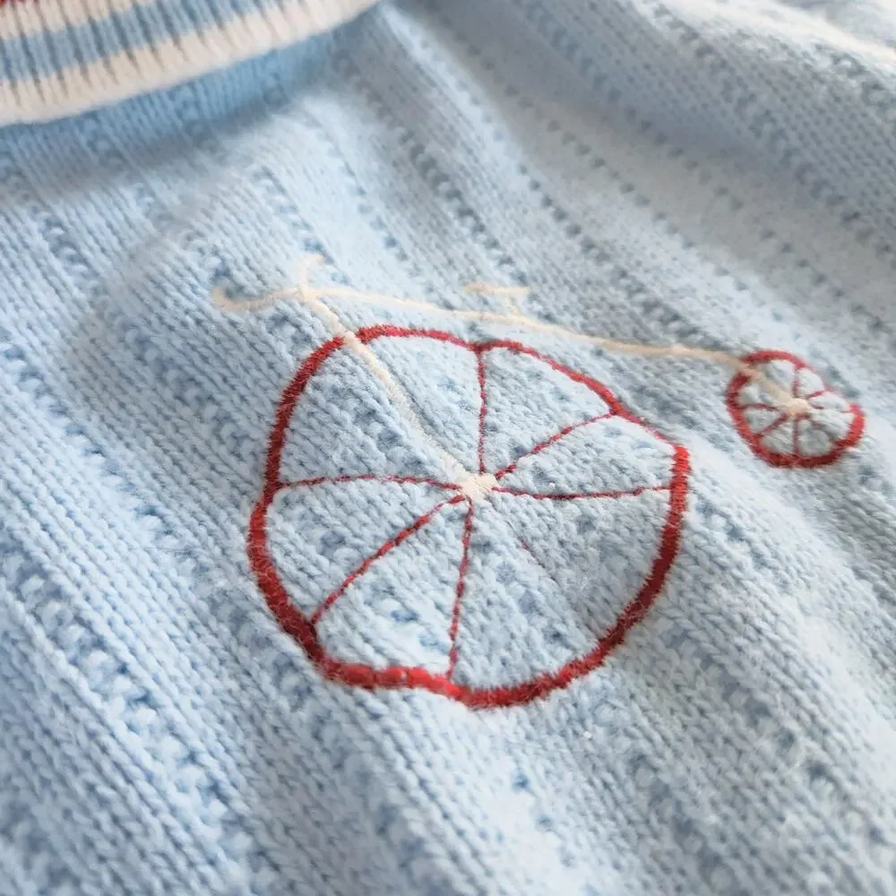 Vintage 1960s Doe Spun Toddler Sweater Blue w/ Penny Farthing Embroidery Size 2T
